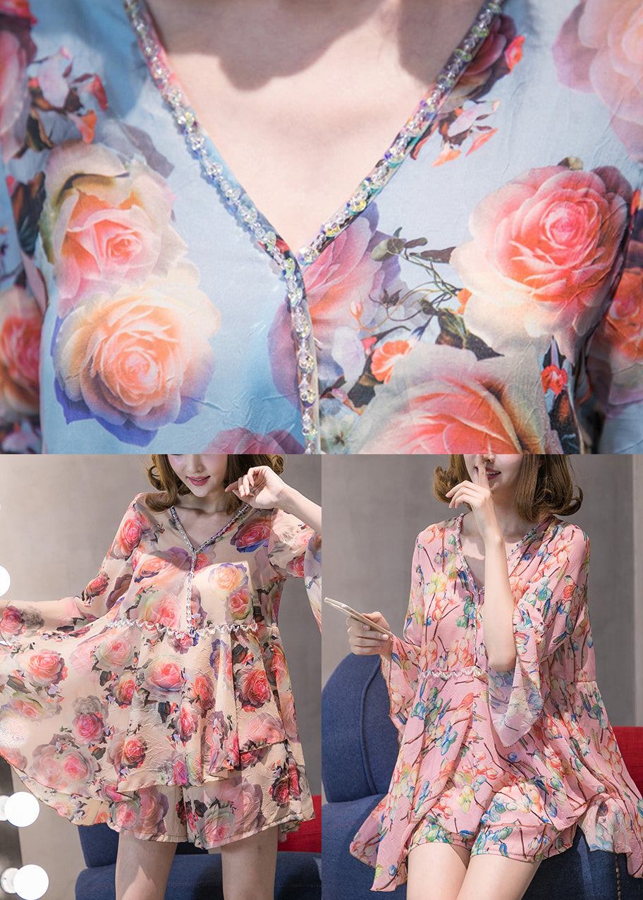 Branch Pink V Neck Chiffon Top Hot Pants Two Pieces Set Flare Sleeve
