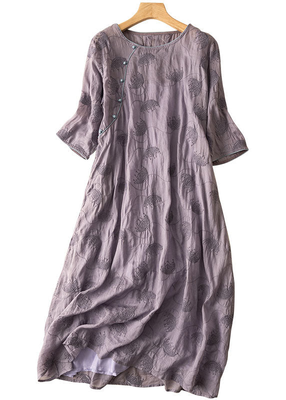 Purple O-neck Embroideried Patchwork Linen Dress Summer