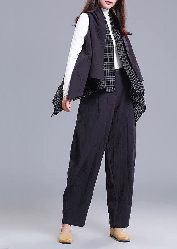 Style Black Patchwork Pockets Asymmetrical Design Fall Sleeveless Vest + Pants Two Pieces Set