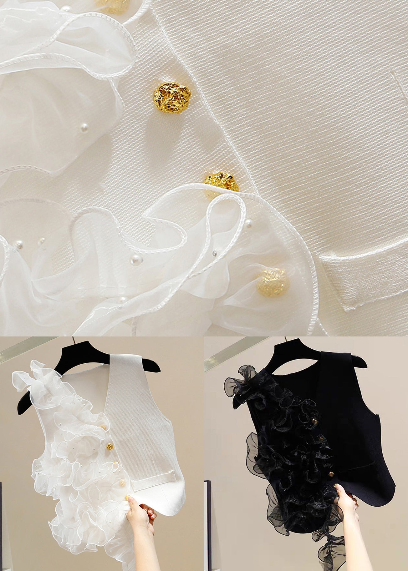 White V Neck Button Tulle Patchwork Cotton Waistcoat Sleeveless