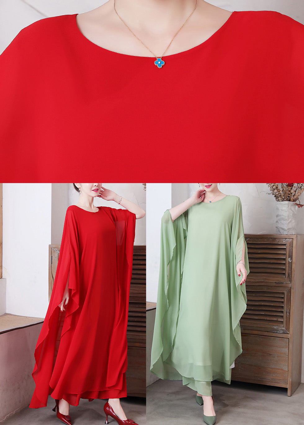 Pea Green Asymmetrical Chiffon Long Dress and Wide Leg Pants Two Pieces Set Spring