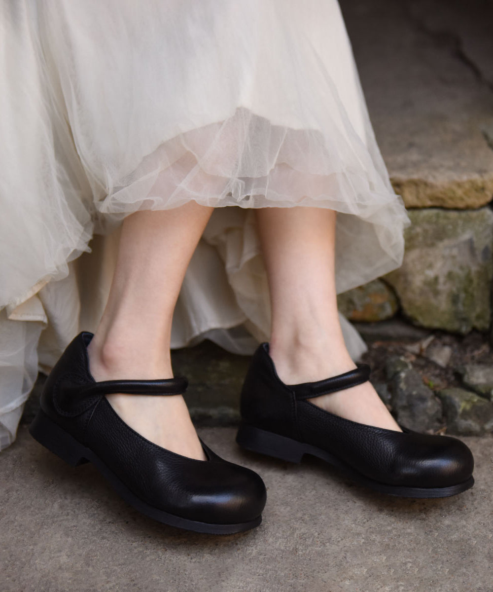Black Cowhide Leather Splicing Buckle Strap Flats