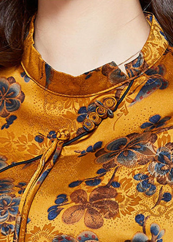 Yellow Stand Collar Print Tassel Oriental Silk Shirts Short Sleeve Summer