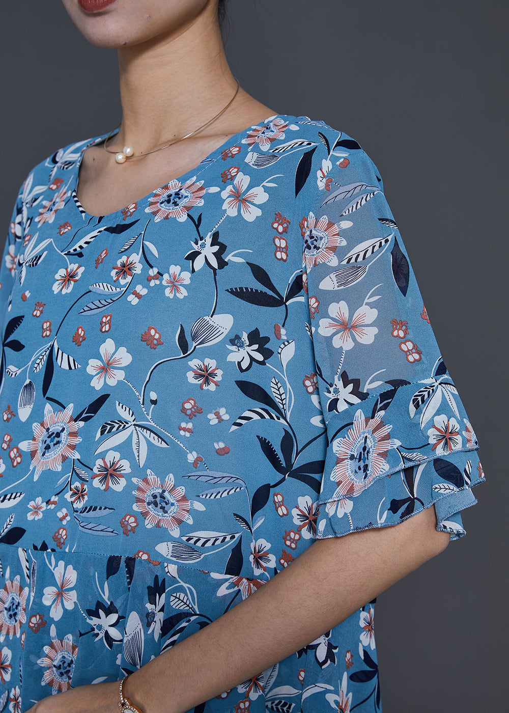 Blue Print Silm Fit Chiffon Shirt Summer