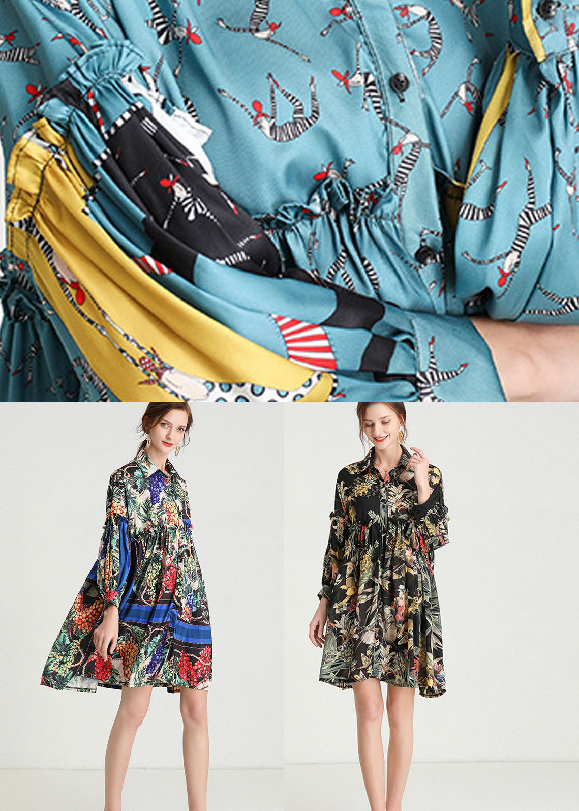 Organic Black Print Button Fall Long Sleeve Dresses
