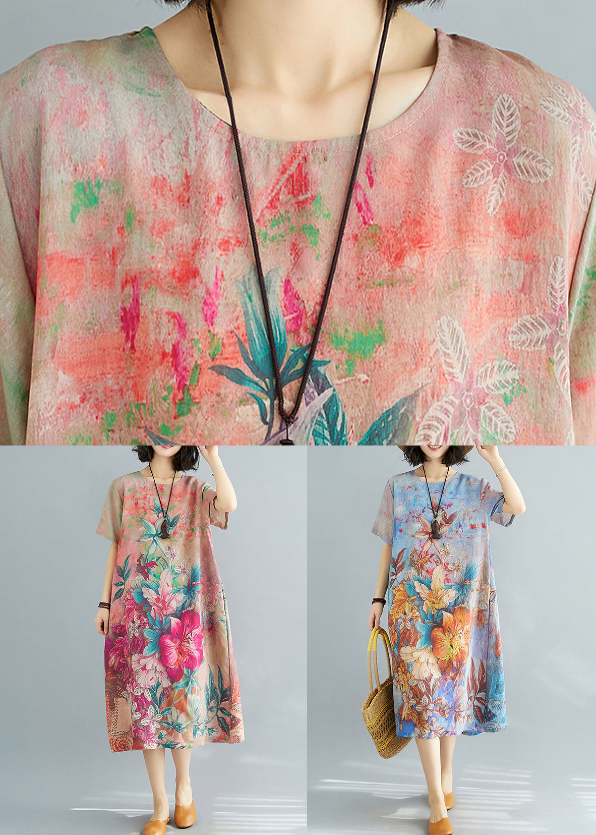 Blue O Neck Print Cotton Dresses Summer