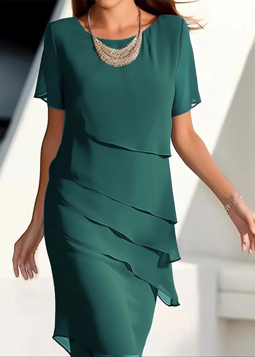 French Khaki O-neck Layered Chiffon Maxi Dresses Short Sleeve