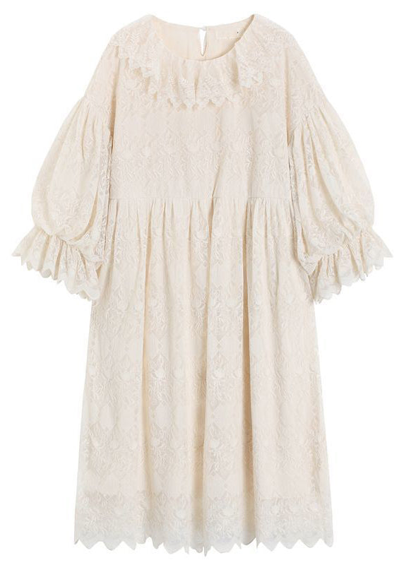 Brief Apricot Lace Patchwork Maxi Dress Lantern Sleeve Spring
