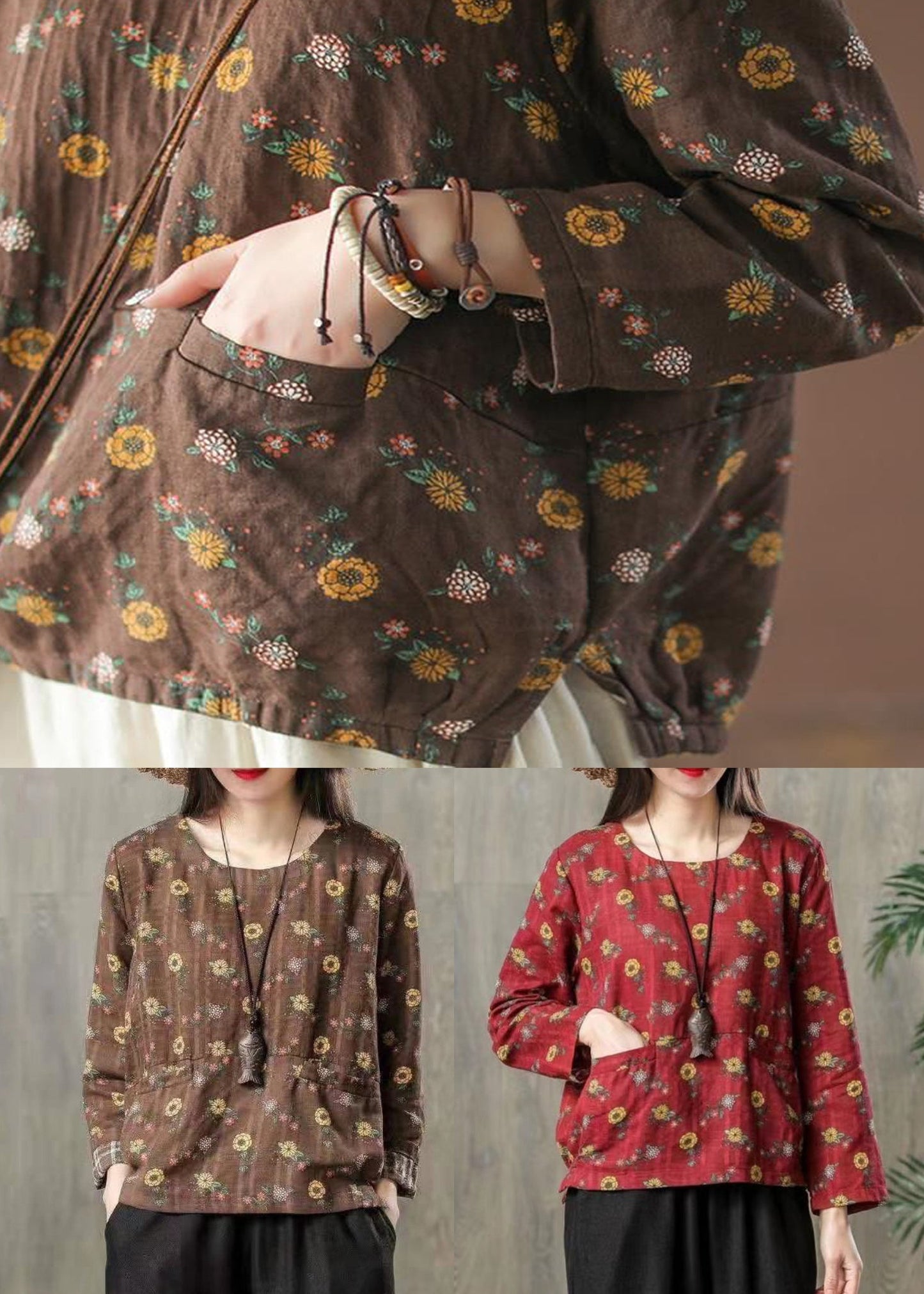 Red Print O Neck Patchwork Cotton T Shirt Top Fall