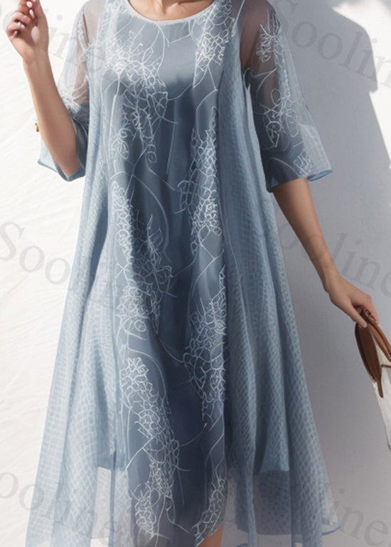 Light Blue O Neck Print Silk Dresses Summer