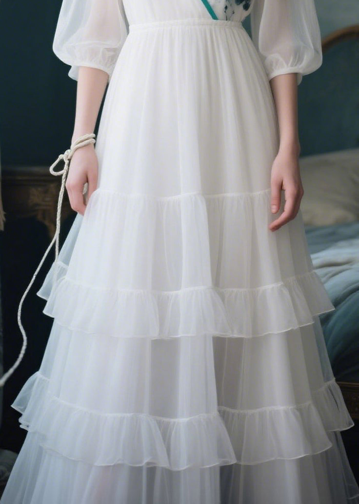 White V Neck Patchwork Tulle Maxi Dress Summer