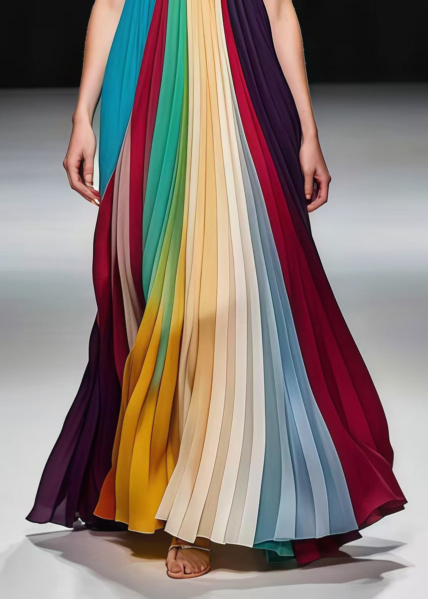 Multicolor Bustier Top Backless Chiffon Full Pleated Dress Summer