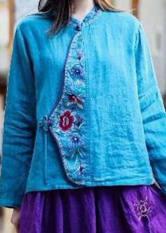 Oriental Blue O-neck Tie Waist Embroideried Linen Tops Spring