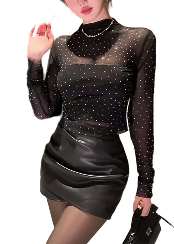 Style Black Half High Neck Zircon Tulle Top Fall