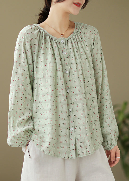 Green Oversized Print Cotton Blouses Fall