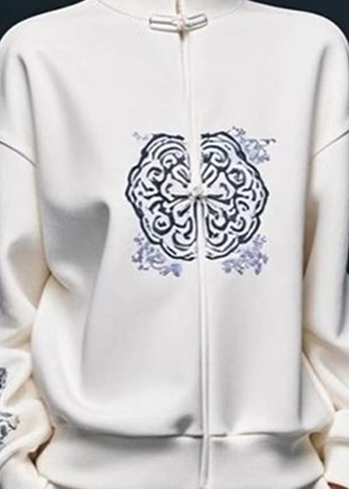 White Print Cotton Pullover Sweatshirt Stand Collar Fall