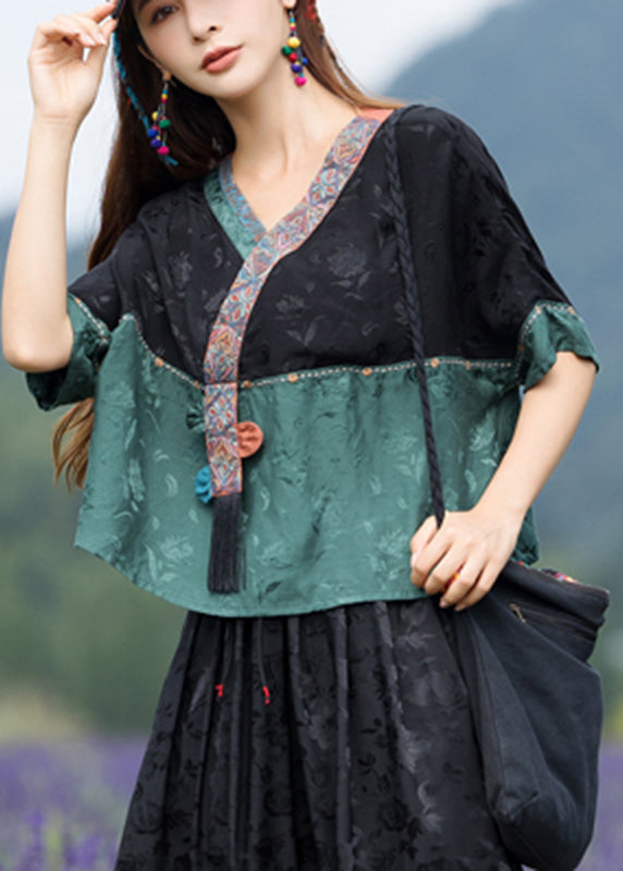Jacquard Black Stand Collar Embroideried Patchwork Satin Top Half Sleeve