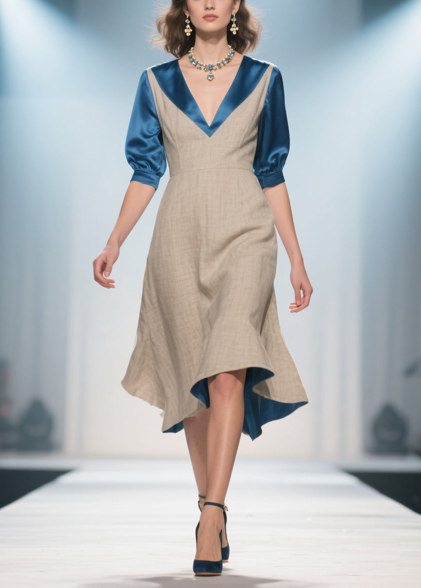 Apricot V Neck Patchwork Linen Silk Fake Two Piece Dress Summer
