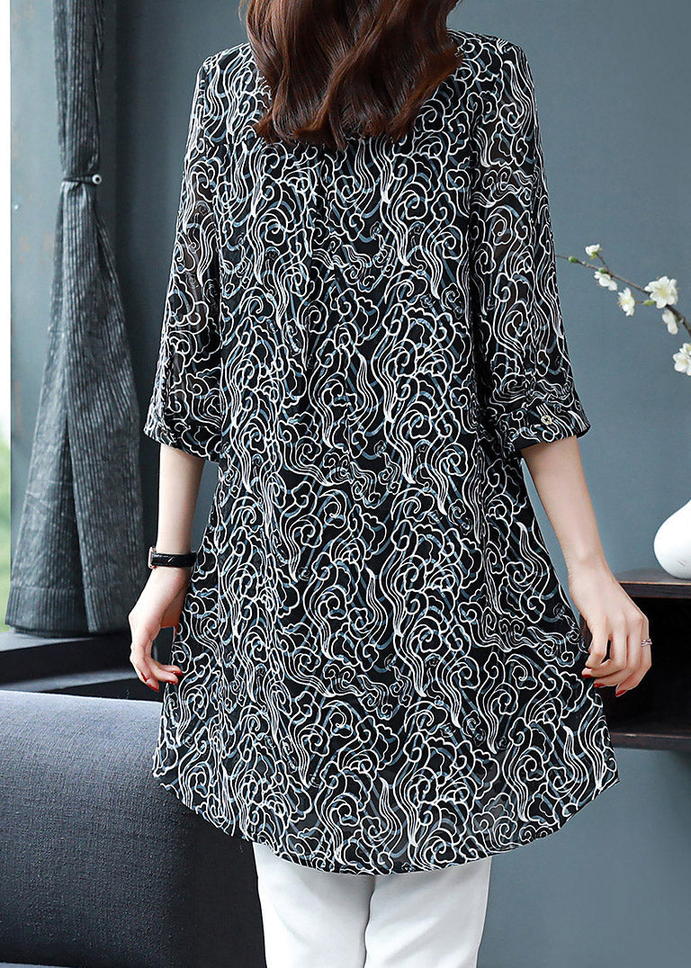 Black Peter Pan Collar Button Print Chiffon Shirt Tops Spring