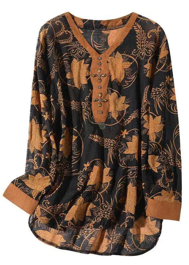Orange V Neck Print Patchwork Cotton Top Fall