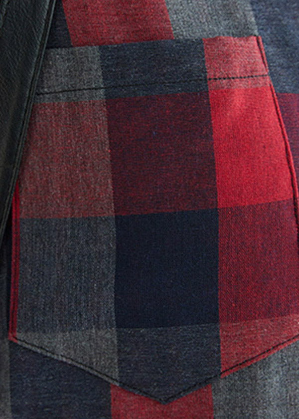 Red Pockets Peter Pan Collar Plaid Button Shirt Long Sleeve