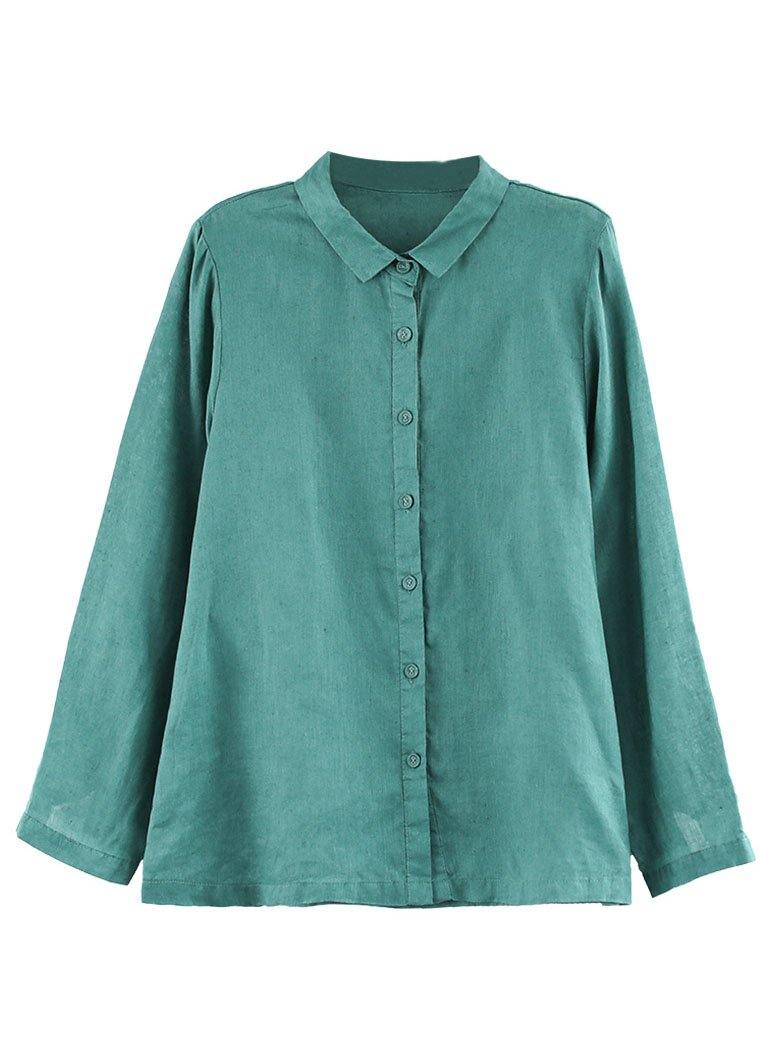 Green Peter Pan Collar Patchwork Summer Linen Blouses Long Sleeve