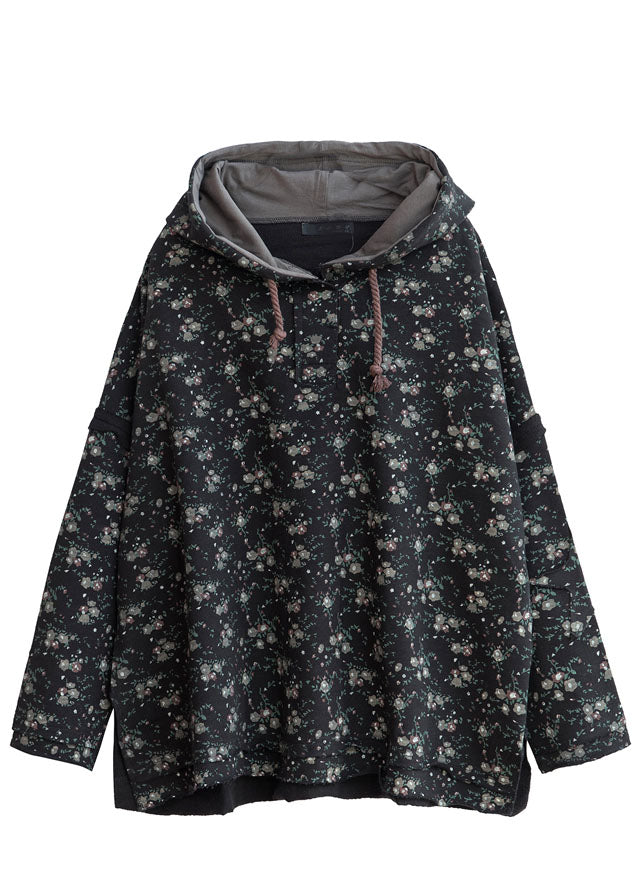 Black Hooded Side Open Cotton Pullover Street Wear Spring