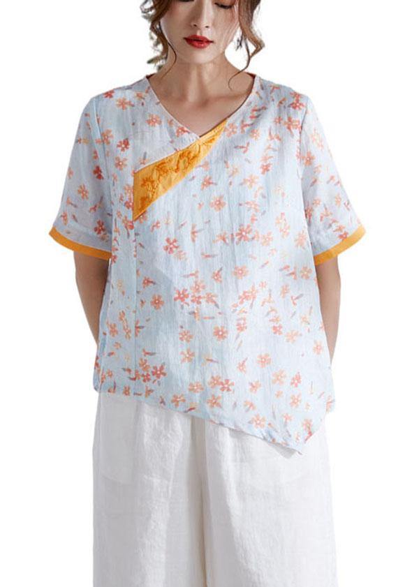 Modern Orange V-neck Patchwork Print Summer Ramie Top