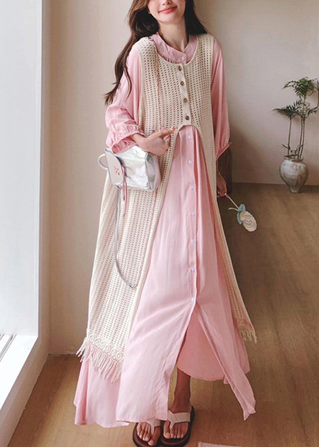 Pink Shirts Dress and Beige Smock Two Piece Set Clothing Fall
