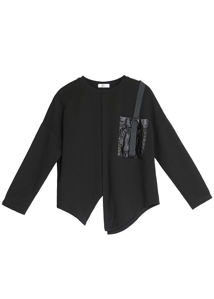 French Black O-neck Pockets Asymmetrical Fall Long Sleeve Tops