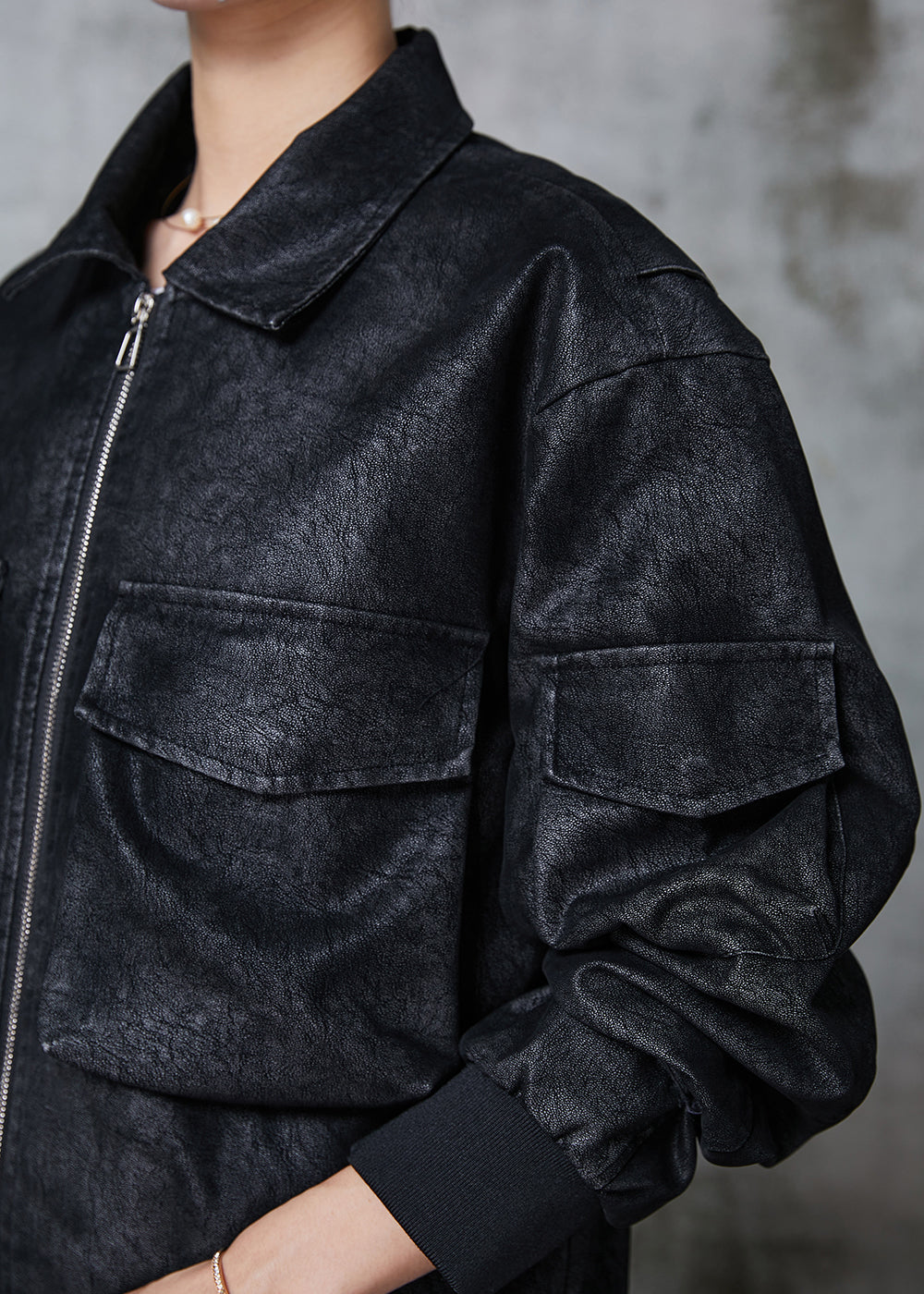 Black Oversized Pockets Faux Leather Jacket Spring