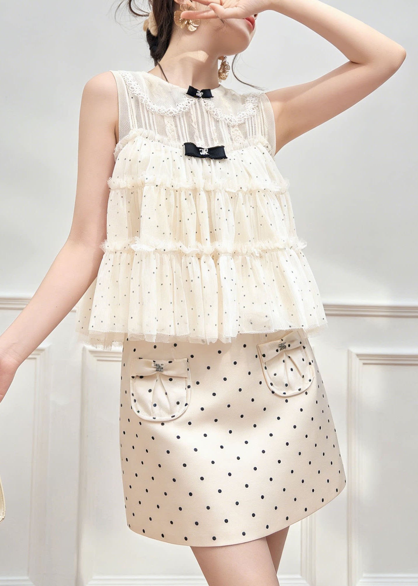 New Lace Patchwork Dot Spaghetti Strap Camisole and Skirts Summer Three Piece Set