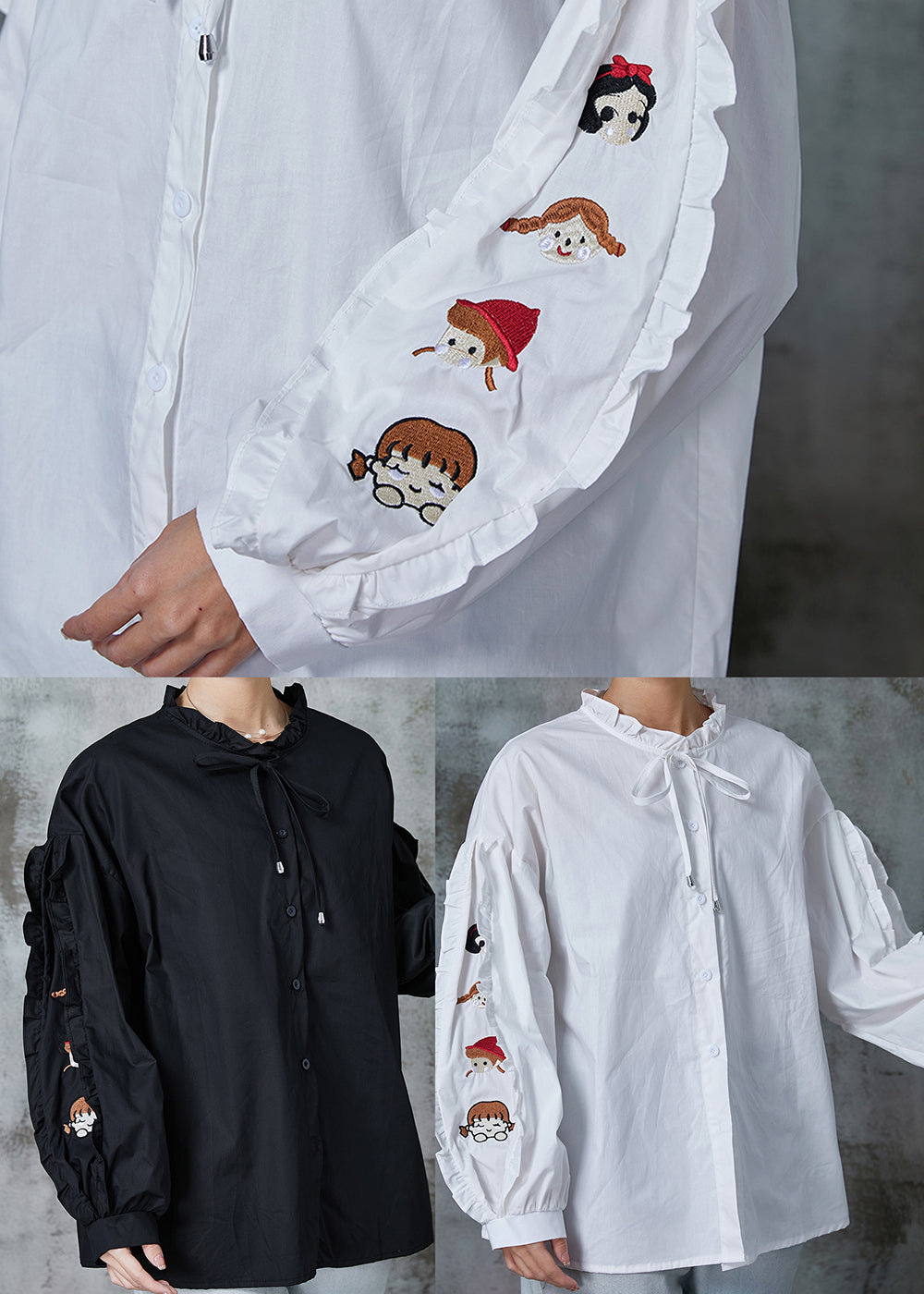 Diy Black Character Embroidered Cotton Top Spring