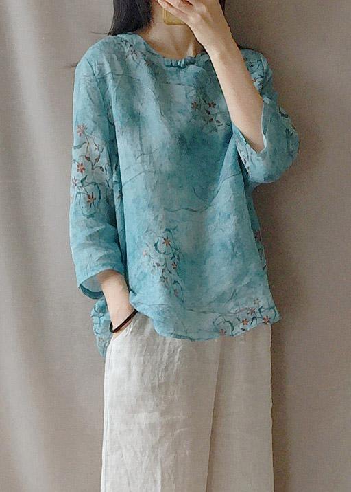 Loose O Neck Half Sleeve Shirts Blue Print Shirt