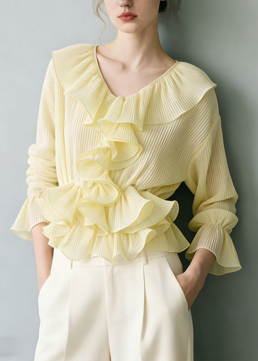 Vogue Yellow V Neck Ruffled Shirt Flare Sleeve