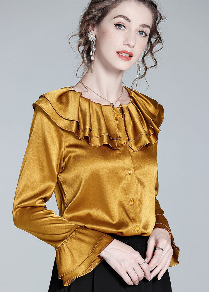 Style Gold Ruffled Patchwork Button Silk Shirt Flare Sleeve Spring