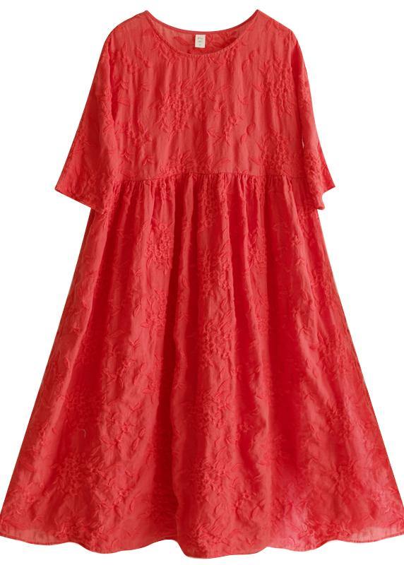 O Neck Half Sleeve Summer Outfit Neckline Red Embroidery Robes Dresses
