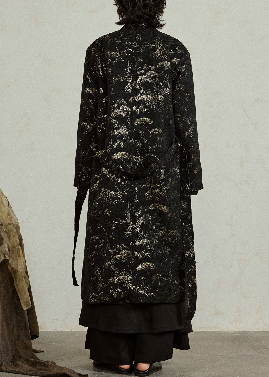 Black V Neck Tie Waist Jacquard Maxi Coats Fall