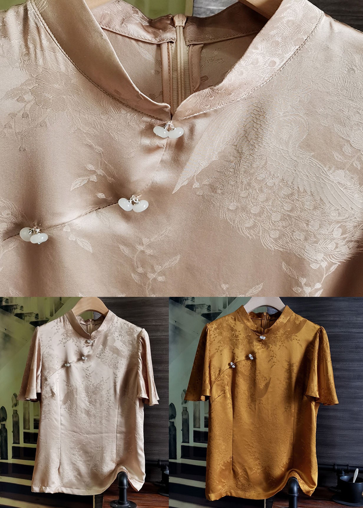 Caramel Stand Collar Patchwork Silk Tops Short Sleeve