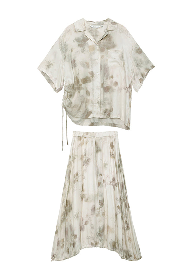 Unique Beige Print Drawstring Tops and Skirts Cotton Two Pieces Set Summer
