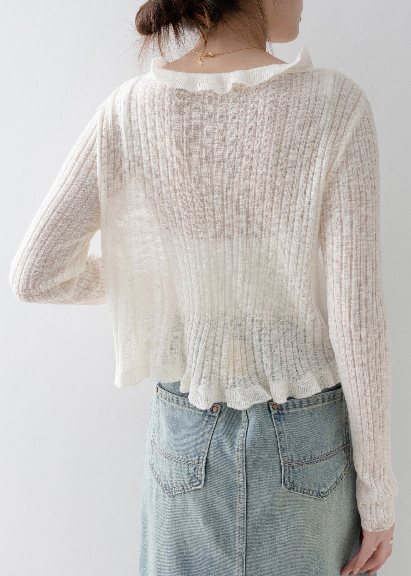 French Black V Neck Ruffled Knit Cardigan Spring
