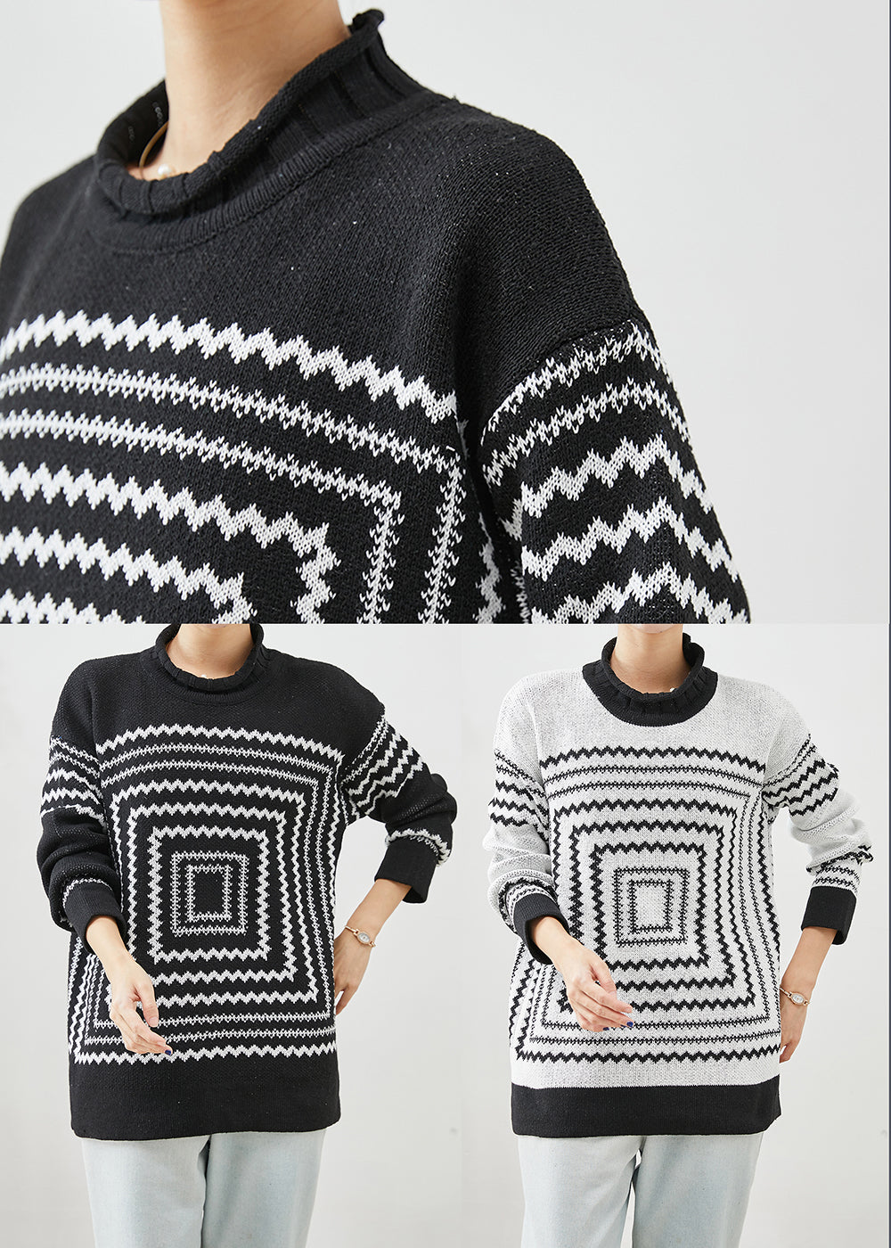 Black Oversized Print Knit Sweaters Winter