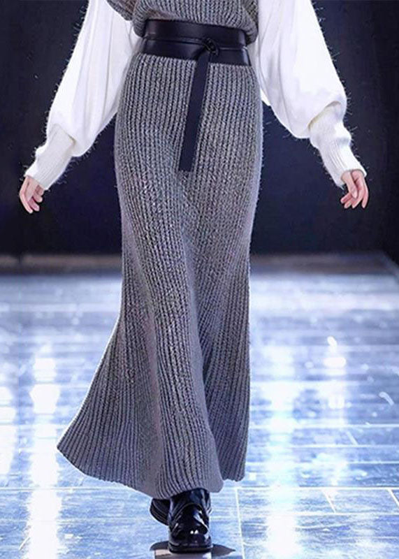 Grey O-neck Patchwork Tie Waist Cotton Knit Sweater Dress Long Sleeve