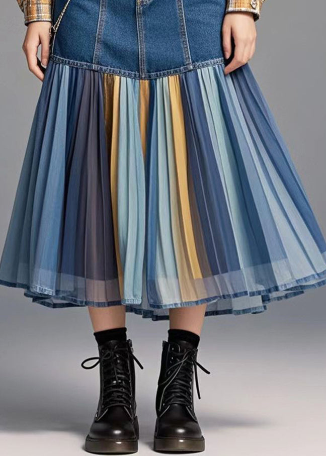 Blue Patchwork Rainbow Striped Denim Skirt Spring