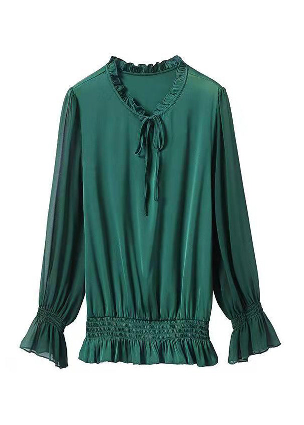 Green Ruffled Elastic Waist Chiffon Top Long Sleeve
