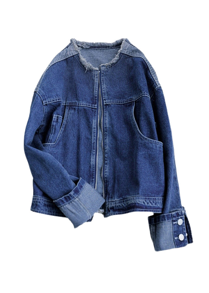 Vogue Blue O-neck Patchwork Zippered Cotton Hooded Denim Coat Long Sleeve