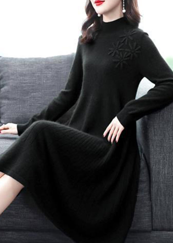 Yellow Patchwork Woolen Dress Embroideried Turtleneck Fall