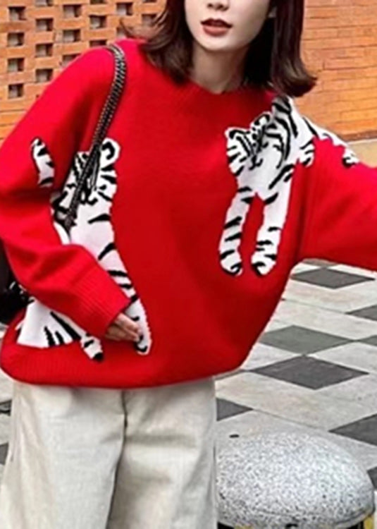 Handmade Red O-neck Cartoon Print Thick Woolen Sweaters Long Sleeve