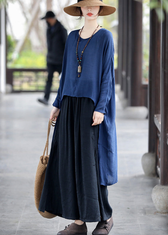 Black Elastic Waist Side Open Double-deck Linen Wide Leg Pants Summer