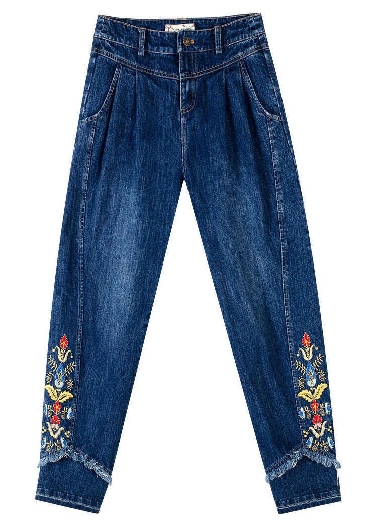 Retro Denim Blue Button Embroideried Straight Pants Spring